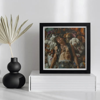 Suite Dreams - Trashy Queercore Punk Art Print, Framed Artwork Shirtless Person Surrounded Stuffed Animals Colorful