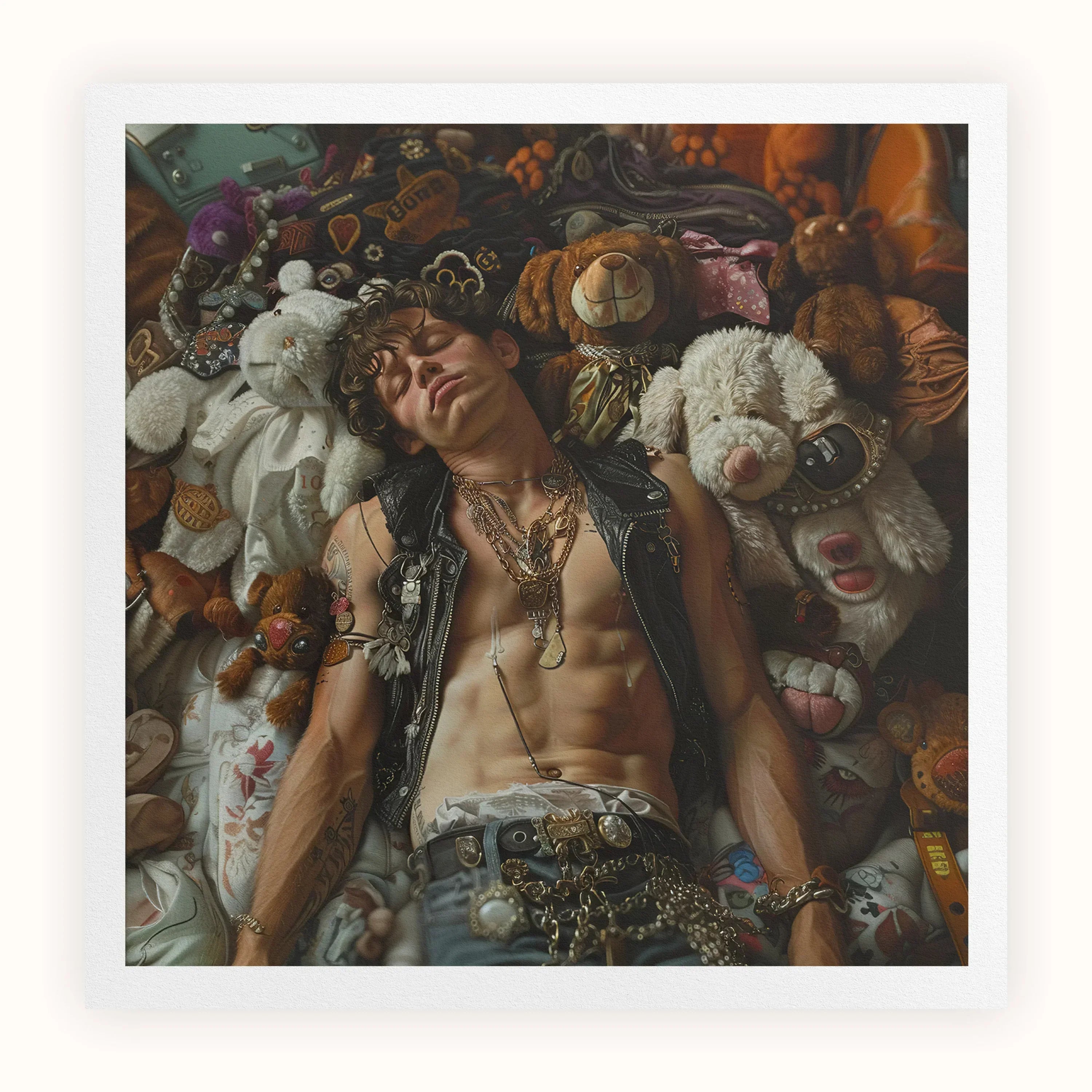 Suite Dreams Trashy Queercore Punk Art Print, Shirtless Man Curly Hair Among Stuffed Animals Jewelry