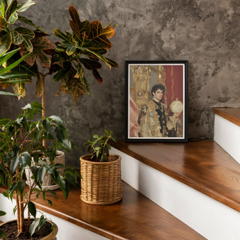 Suleiman - Gay Ottoman Sultan Art Print, Framed Portrait Painting Textured Wall Surrounded Potted Plants