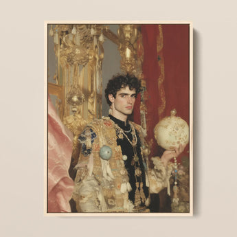 Suleiman - Gay Ottoman Sultan Framed Canvas, 12x16’’ / 31x41cm / Natural Floating Frame, Painting Man Regal Attire Ornate Orb