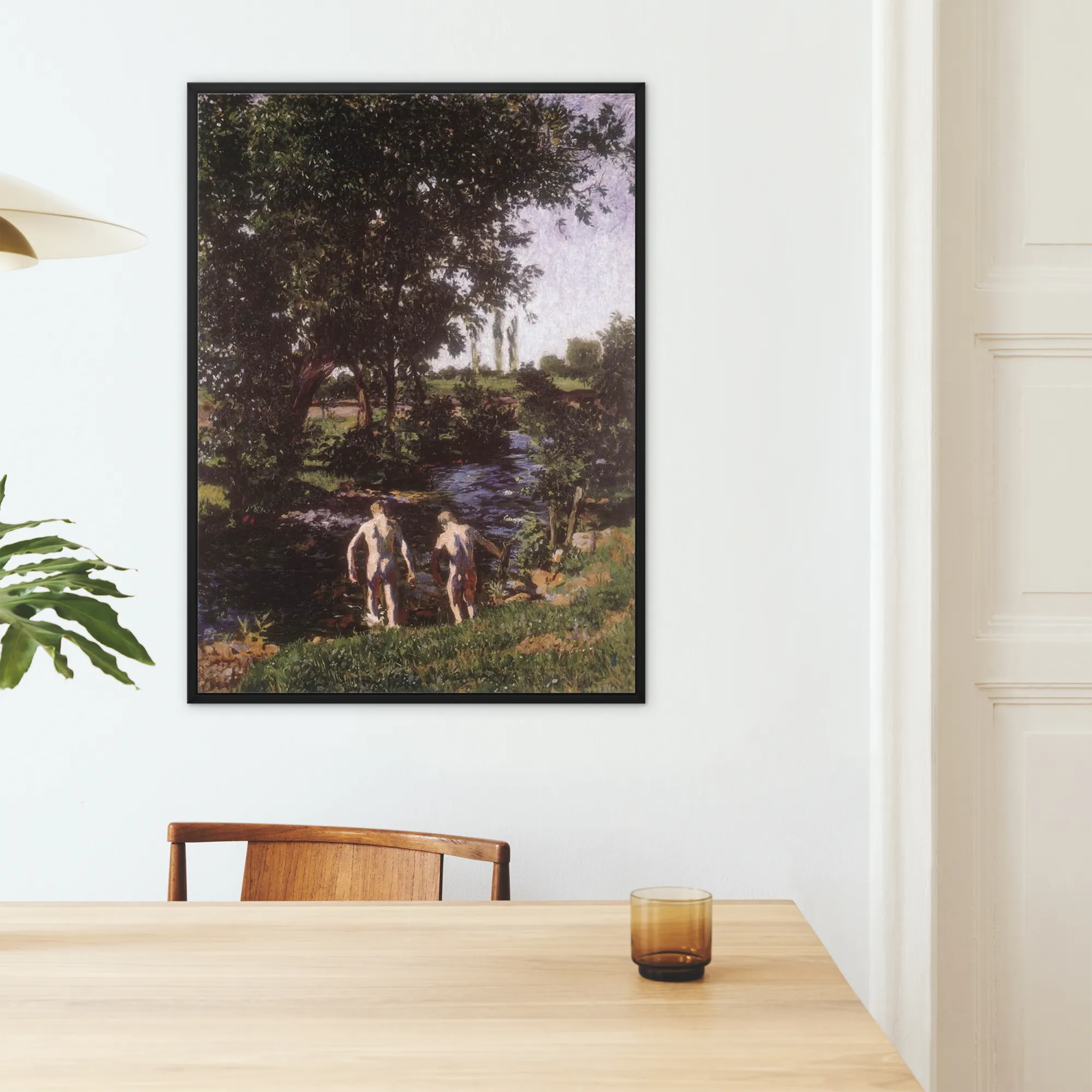 Summer Károly Ferenczy Framed Canvas, Framed Painting Two Nude Figures Stream Natural Landscape