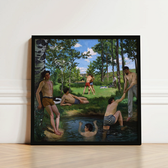 Summer Scene - Jean Frederic Bazille Art Print / Canvas Black-framed Painting Lively Outdoor Men Swim Trunks, Ochre Clinging Prints