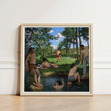 Summer Scene - Jean Frederic Bazille Art Print / Canvas Framed Painting Group Men Swim Trunks Sunny Day, Ochre Clinging Prints