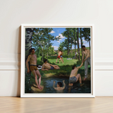 Summer Scene - Jean Frederic Bazille Art Print / Canvas White-framed Painting Group Men Swim Trunks Sunny Day, Ochre Clinging Prints