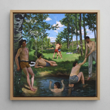 Summer Scene - Jean Frederic Bazille Framed Canvas, 12x12’’ / 31x31cm / Natural Floating Frame, Framed Painting Men Stream Natural Wooded
