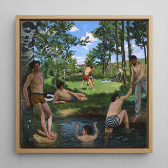 Summer Scene - Jean Frederic Bazille Framed Canvas, 12x12’’ / 31x31cm / Natural Floating Frame, Framed Painting Men Stream Natural Wooded
