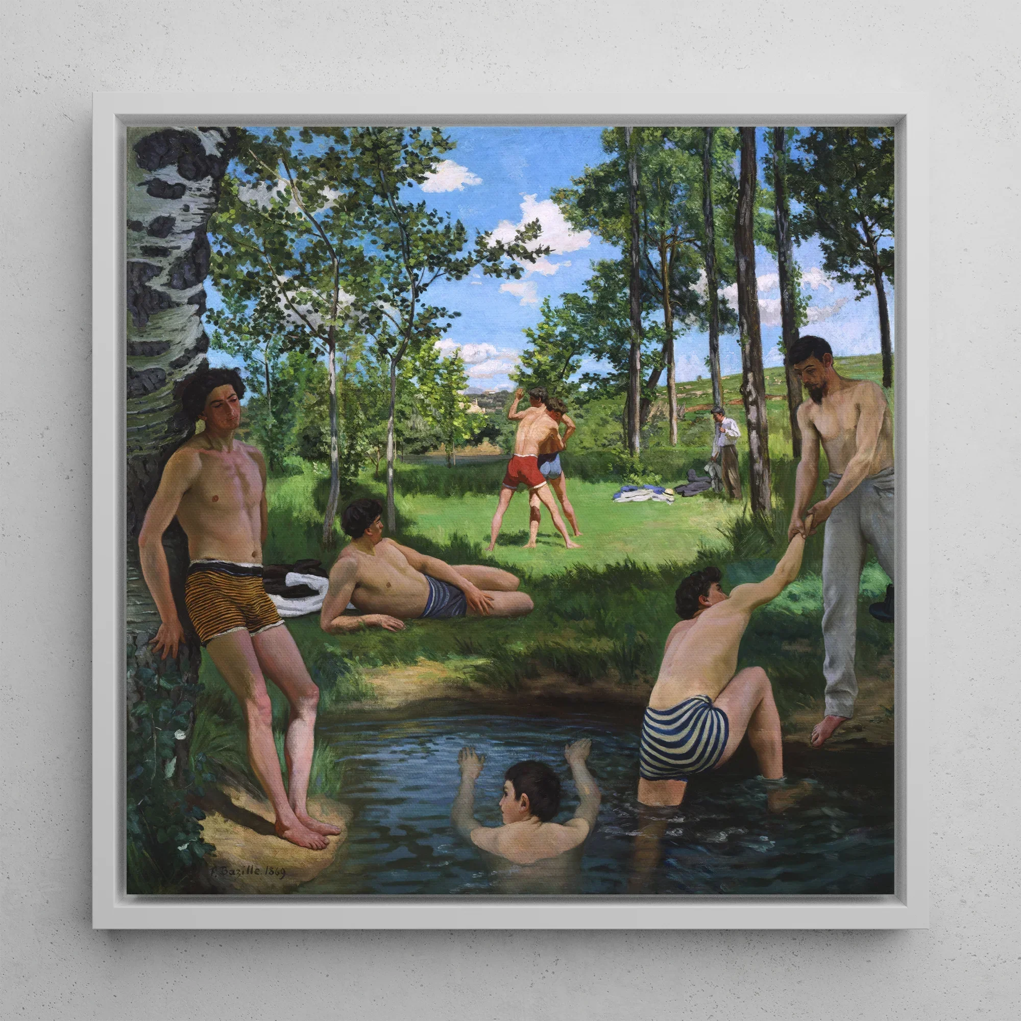 Summer Scene Jean Frederic Bazille Framed Canvas, 12’’x12’’ / White Floating Frame, Oil Painting Nude Male Bathers