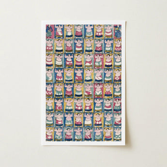 Sumo Wrestlers - Utagawa Yoshikazu Art Print / Canvas Rectangular Poster Grid Colorful Stylized Patterns, Edo-period ōban, Osaka Prints