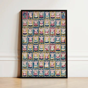 Framed Artwork Grid Colorful Stylized Sumo Wrestlers Traditional Utagawa Yoshikazu Art Print, Edo-period ōban, Osaka