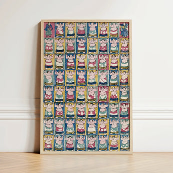 Framed Artwork Grid Colorful Stylized Sumo Wrestlers Traditional Utagawa Yoshikazu Art Print, Edo-period ōban, Osaka