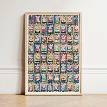 Framed Artwork Grid Colorful Stylized Sumo Wrestlers Traditional Utagawa Yoshikazu Art Print, Edo-period ōban, Osaka
