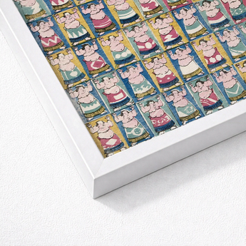 Framed Artwork Vibrant Pattern Cartoon Sumo Wrestlers Colorful Utagawa Yoshikazu Art Print, Edo-period ōban, Osaka