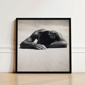 Black-framed Black-and-white Photographic Print Muscular Man Head Arms Fingers Brushing Pale, Quartz, Grains, Gelatin Silver, Max Dupain