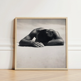 Minimalist Wooden-framed Black-and-white Photograph Muscular Man Head Arms Fingers Brushing Pale, Quartz, Grains, Gelatin Silver Print, Max