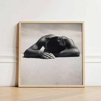 Minimalist Wooden-framed Black-and-white Photograph Muscular Man Head Arms Fingers Brushing Pale, Quartz, Grains, Gelatin Silver Print, Max