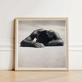 Minimalist Wooden-framed Black-and-white Photographic Print Muscular Man Head Fingers Brushing Pale, Quartz, Grains, Gelatin Silver, Max