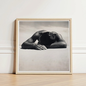 Minimalist Wooden-framed Black-and-white Photographic Print Muscular Man Head Fingers Brushing Pale, Quartz, Grains, Gelatin Silver, Max