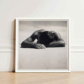White-framed Black-and-white Photographic Print Muscular Man Head Sand Fingers Brushing Pale, Quartz, Grains, Gelatin Silver, Max Dupain