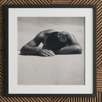 Sunbaker - Max Dupain Art Print / Canvas Black-framed White-matted Black-and-white Photographic Man Head Arms Fingers Brushing Pale,