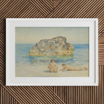 The Sunbathers - Henry Scott Tuke Fine Art Print / Canvas White Framed Beach Scene Art Print Two Figures Boyhood’s Transitory Reverie,