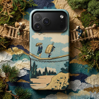 Suspension Bridge - Katsushika Hokusai Phone Case Blue Beige Phone Case Detailed Illustration Two Figures Katsushika Hokusai Iphone, Iphone