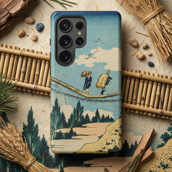 Suspension Bridge - Katsushika Hokusai Phone Case Blue Beige Phone Case Vintage-style Illustration Two Figures Katsushika Hokusai Iphone,