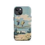 Suspension Bridge - Katsushika Hokusai Phone Case Iphone 13 / Matte Vintage-style Phone Case Illustration Two Figures Suspension Bridge