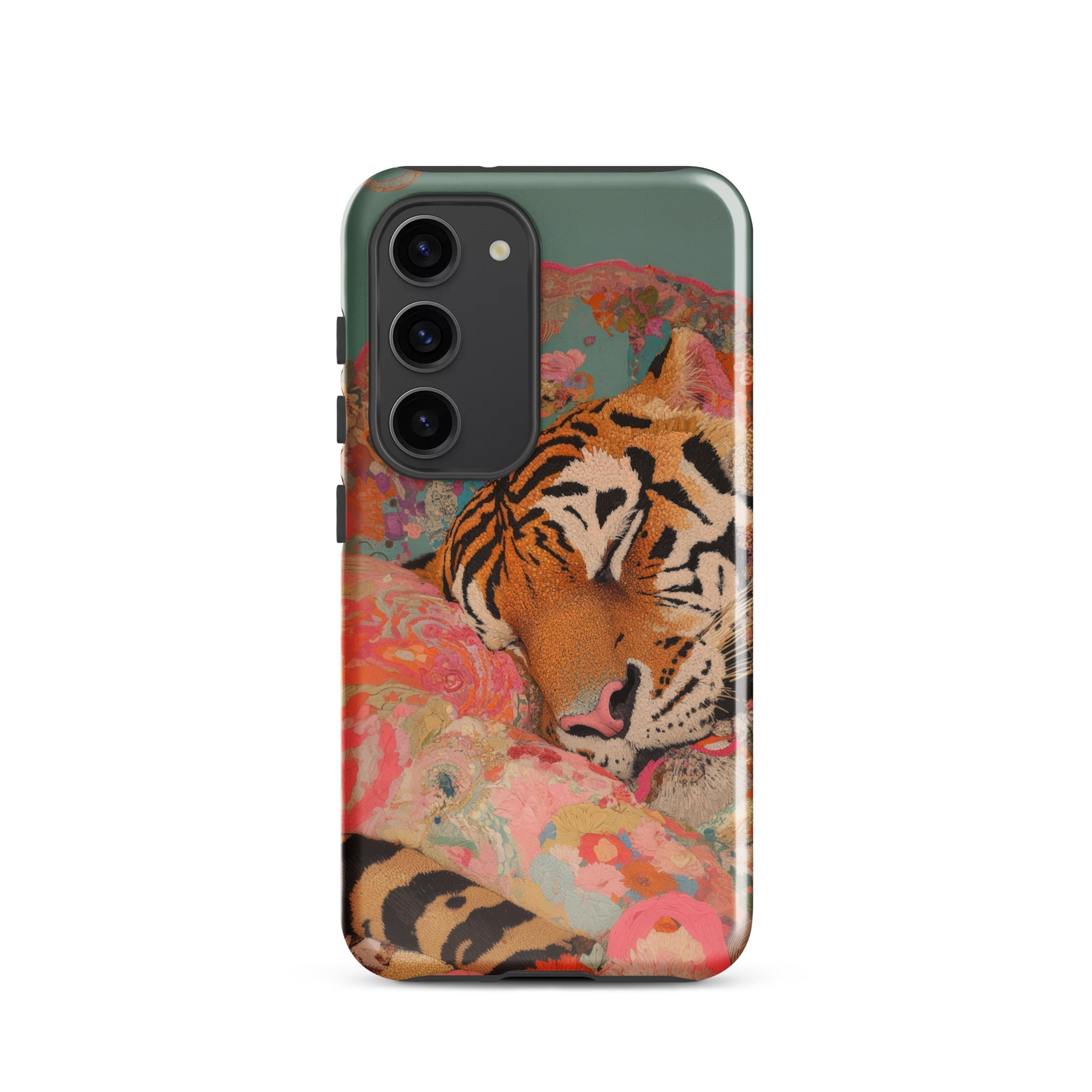 Sweet Dreams Bengal Tiger Surrealism Samsung Case, Galaxy S23 / Gloss, Smartphone Tiger Themed Case Colorful Floral Background