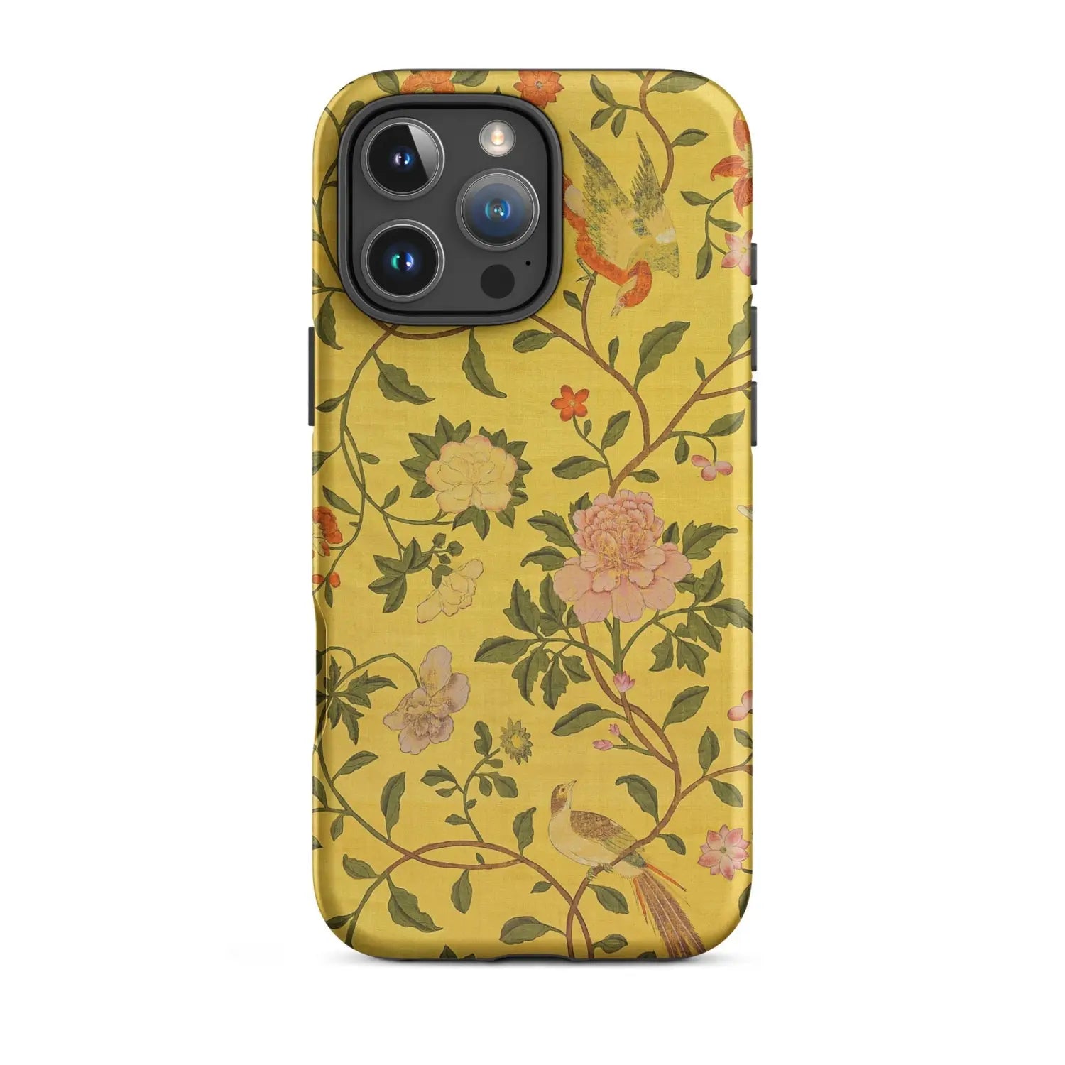 Yellow floral bird art iPhone case with intricate textured design