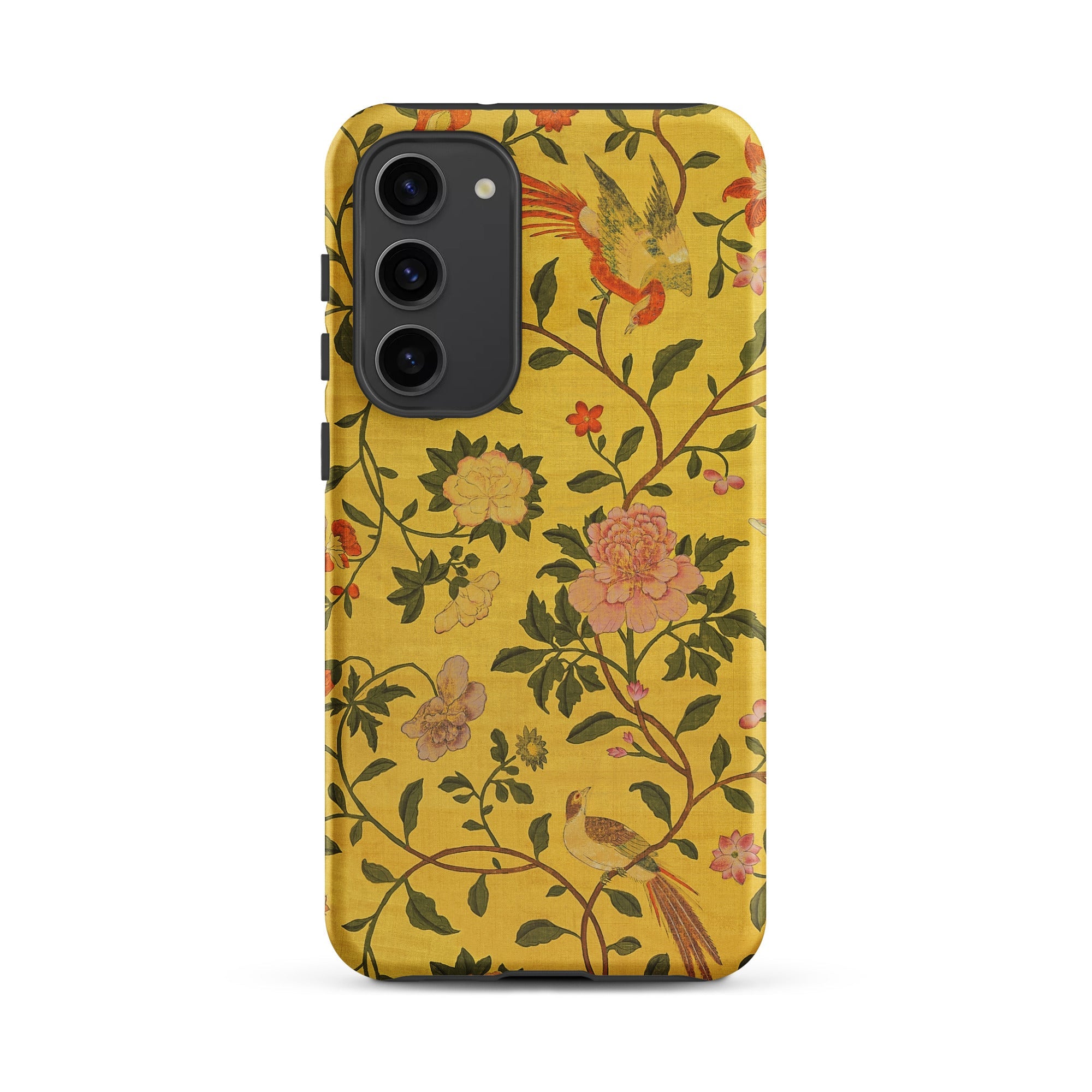 Sweet Summer Painted Chinese Silk Samsung Case, Galaxy S23 Plus / Matte, Yellow Phone Case Floral Bird Pattern