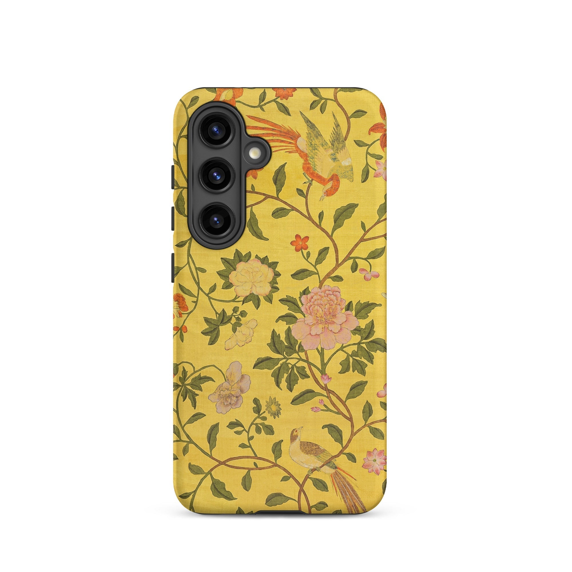 Sweet Summer Painted Chinese Silk Samsung Case, Galaxy S24 / Matte, Yellow Phone Case Adorned Floral Bird Pattern