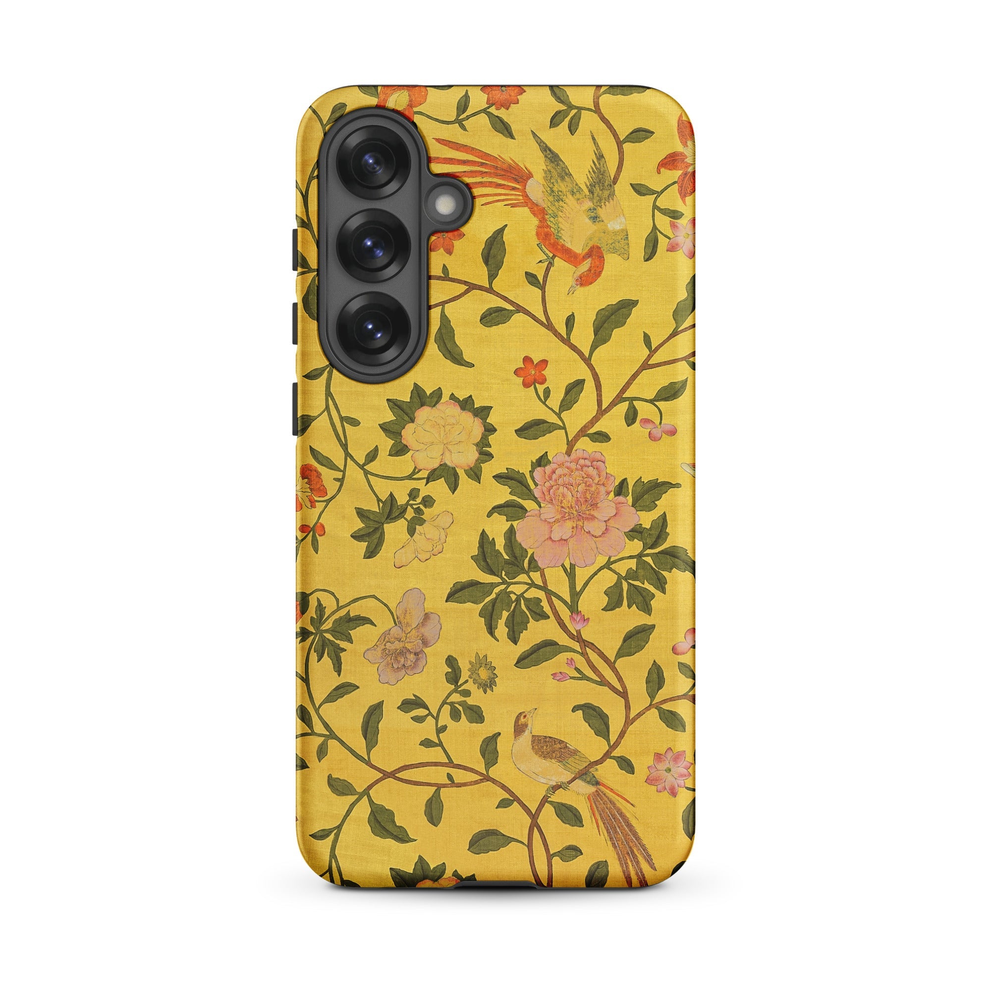 Sweet Summer Painted Chinese Silk Samsung Case, Galaxy S25 Plus / Matte, Yellow Smartphone Case Floral Bird Pattern