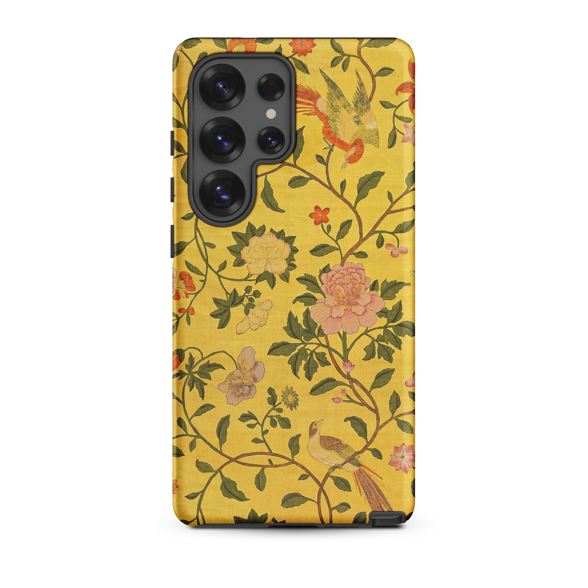 Sweet Summer - Painted Chinese Silk Samsung Case, Galaxy S25 Ultra / Matte, Yellow Phone Case Vibrant Floral Bird Pattern
