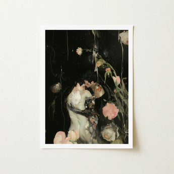 Sweet Surrender - Gay Neo-romantic Art Print / Canvas Framed Romantic Darkly Lit Scene Two, Embrace, Blush Pink Bloom Prints