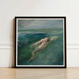 Framed Painting Nude Figure Turbulent Ocean Waves Rendered Enters La Farge’s, Picture Plane, Diagonally, Flesh-toned Form Cutting,