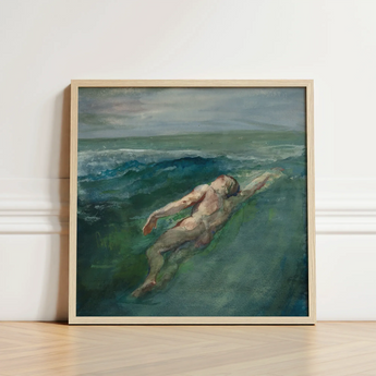 Framed Oil Painting Nude Figure Turbulent Teal Green Enters La Farge’s, Picture Plane, Diagonally, Flesh-toned Form Cutting, Translucency