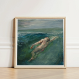 Framed Painting Nude Figure Turbulent Ocean Waves Rendered Enters La Farge’s, Picture Plane, Diagonally, Flesh-toned Form Cutting,