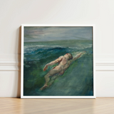 Framed Painting Nude Figure Turbulent Teal Green Ocean Enters La Farge’s, Picture Plane, Diagonally, Flesh-toned Form Cutting, Translucency