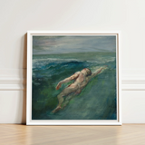 Framed Painting Nude Figure Turbulent Deep Teal Ocean Enters La Farge’s, Picture Plane, Diagonally, Flesh-toned Form Cutting, Translucency