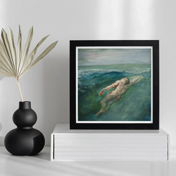 Swimmer - John La Farge Art Print / Canvas Black-framed Painting Nude Figure Teal Green Ocean Waves Enters Farge’s, Picture Plane,