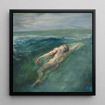 Swimmer - John La Farge Art Print / Canvas Black-framed Square Painting Nude Figure Turbulent Teal Blue Enters Farge’s, Picture Plane,