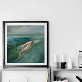 Swimmer - John La Farge Art Print / Canvas Framed Painting Nude Figure Turbulent Green Blue Ocean Enters Farge’s, Picture Plane,