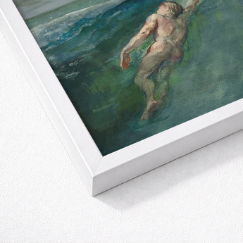 Framed Painting Nude Figure Turbulent Teal Green Ocean Enters La Farge’s, Picture Plane, Diagonally, Flesh-toned Form Cutting, Translucency
