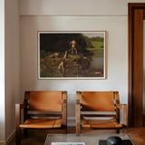Swimming Hole - Thomas Eakins Art Print, Two Tan Leather Wood Armchairs Positioned Beneath Framed