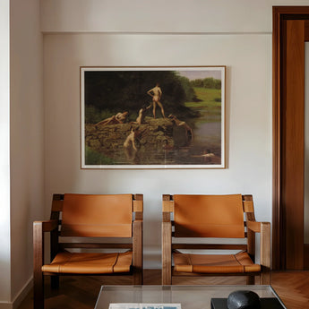 Swimming Hole - Thomas Eakins Art Print, Two Tan Leather Wood Armchairs Positioned Beneath Framed