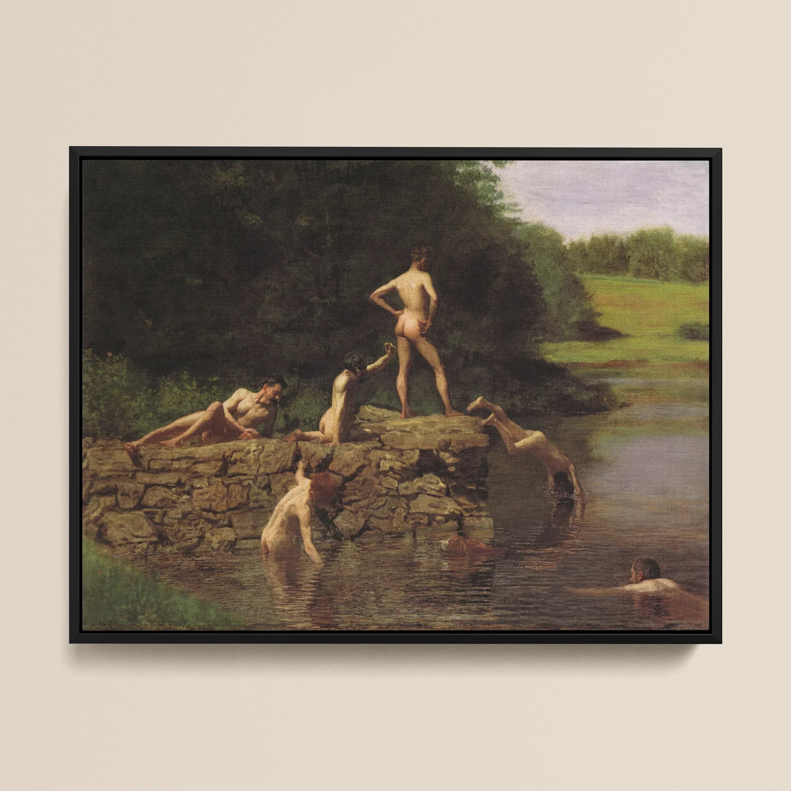 Swimming Hole Thomas Eakins Framed Canvas, Classical Painting Nude Figures Stone Structure Body Water