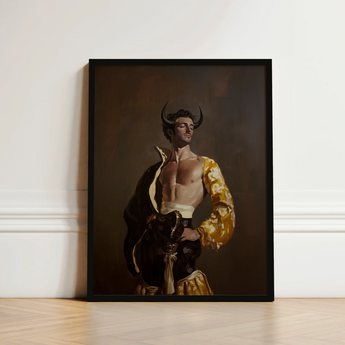 Framed Artwork Muscular Man Horns Ornate Yellow Black Gay Matador’s Bravado, Matador Fashionista Art, Meets Queer Sensuality