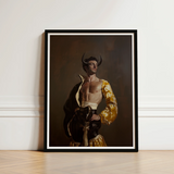 Framed Portrait Muscular Man Dark Horns Ornate Gold Gay Matador’s Bravado, Matador Fashionista Art, Meets Queer Sensuality