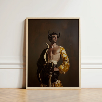Framed Painting Muscular Man Black Horns Ornate Yellow Gay Matador’s Bravado, Matador Fashionista Art, Meets Queer Sensuality