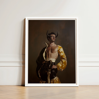 Framed Portrait Muscular Man Dark Horns Ornate Gold Gay Matador’s Bravado, Matador Fashionista Art, Meets Queer Sensuality